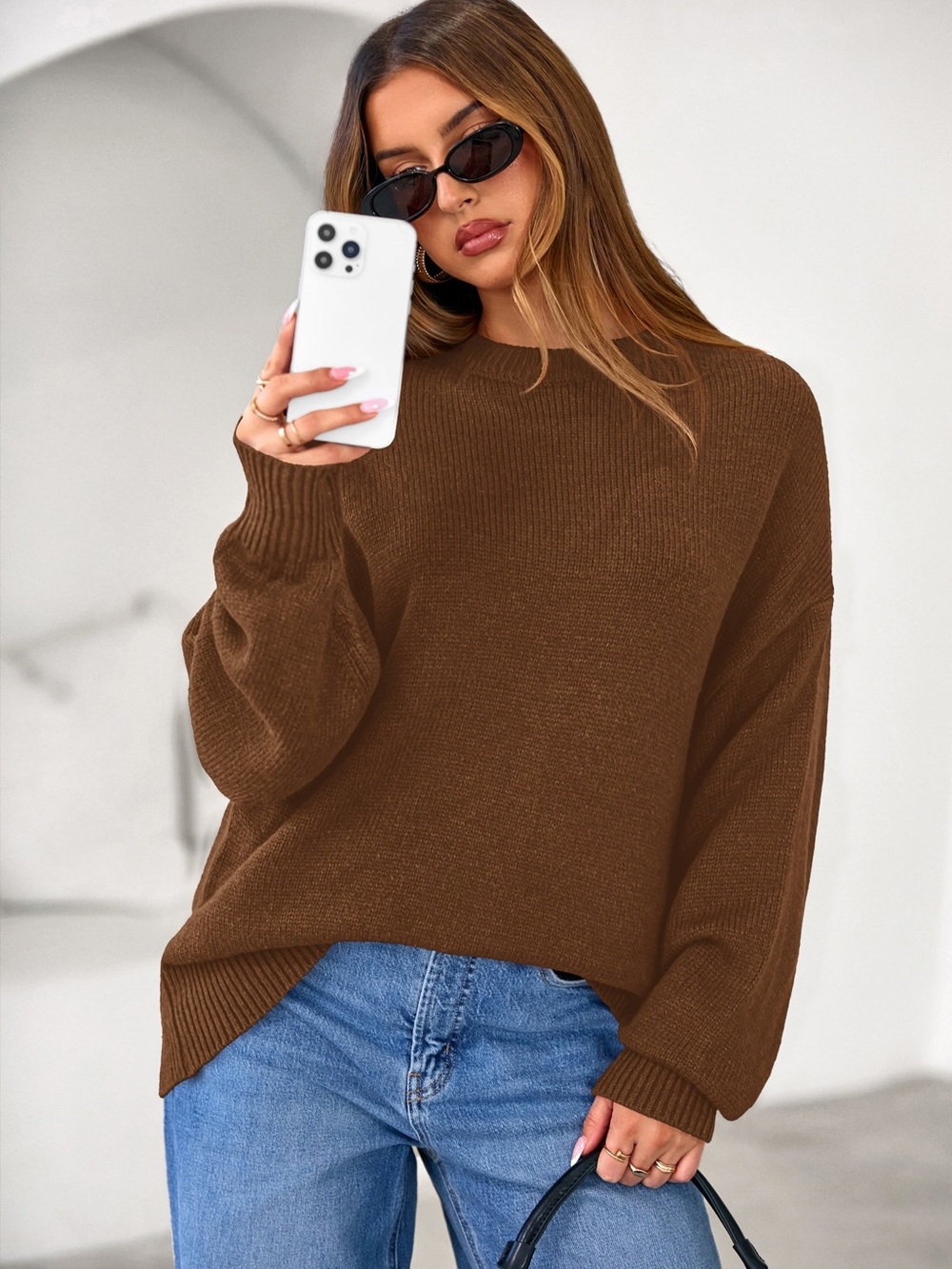 Pretty Garden Classic Cozy Knit Crewneck Brown Oversized Sweater